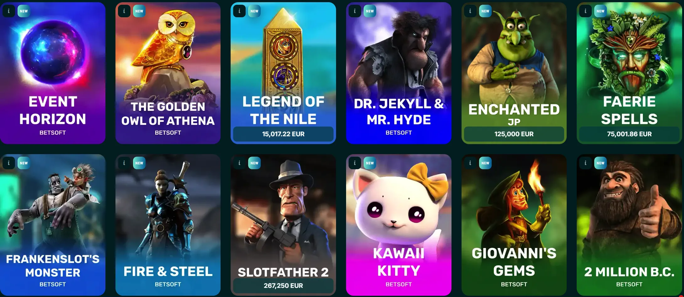 Spinaconda Casino slots lobby met uitgelichte titels